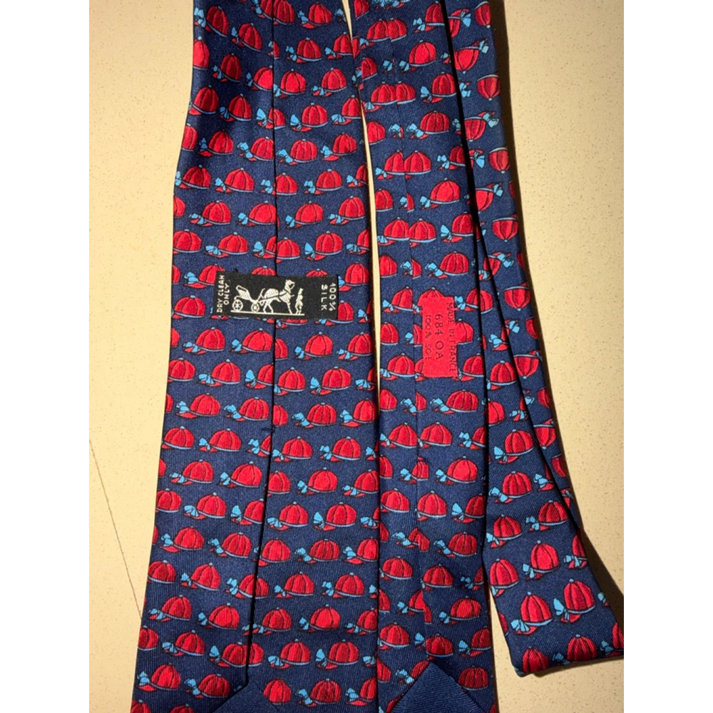 Men's Hermès Navy Red Jockey Hat Print Silk Tie One Size - Picture 5 of 5